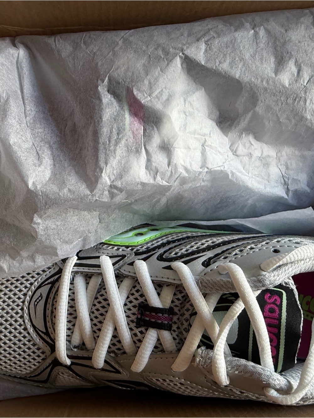 Saucony Women's Shoe Box Label with White, Black, Pink and Orange